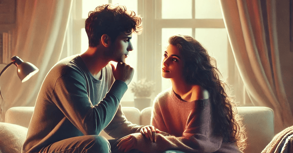 A serene and intimate moment between a couple, sitting in a cozy living room. One person is attentively listening to the other, making eye contact 2